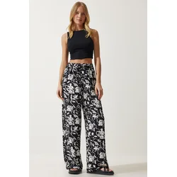 Happiness Istanbul Womens White Black Patterned Flowy Viscose Palazzo Trousers