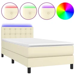 Vidaxl Box spring postelja z vzmetnico LED krem 90x200 cm umetno usnje