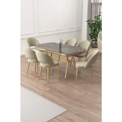 Hanah Home trpezarijski set Jita, sto i 6 stolica, antracit ploča Irony, zlatne noge, krem tkanina Babyface