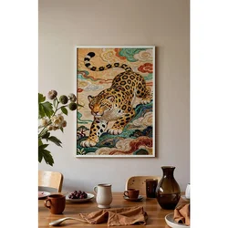 WallXpert uramljena slika 115253, leopard u orijentalnom stilu među šarenim oblacima, 30 x 40 cm, beli ram