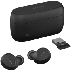 JABRA EVOLVE2 Buds MS, Cradle USB-A MS, Link 380 BT adapter USB-A MS, 30 cm USB-C to USB-A cable, Ear gels, warranty