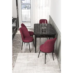Hanah Home trpezarijski set Via, sto na razvlačenje i 4 stolice, ploča u dekoru crnog mermera, bordo tkanina Jerry