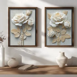 WallXpert set uramljenih MDF slika NAL200-46, bele ruže sa zlatnim listovima na svetloplavoj pozadini, 2 x 35,5 x 47 cm