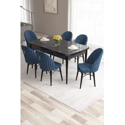 Hanah Home Set Trpezarijski sto i 6 stolica Roz, Plavo-crni