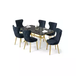 HANAH HOME Rasklopivi trpezarijski sto i stolice (7 delova) Esla Black Marble Gold Anthracite
