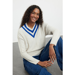 Trendyol Stone V-Neck Color Blocked Knitwear Sweater