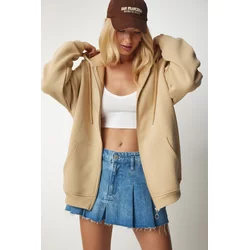 Happiness Istanbul Womens Camel Hooded Zipper Oversize Sweatshirt
