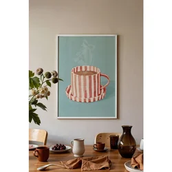 WallXpert uramljena slika 115193, šolja kafe sa crveno-belim prugama na tirkiznoj pozadini, 30 x 40 cm, beli ram