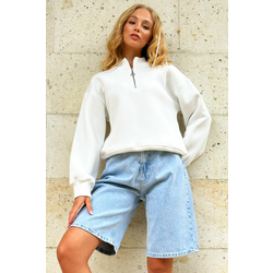 Trend Alaçati Stili Womens White Stand Collar Zippered Inside Raised 3 Thread Crop Sweatshirt