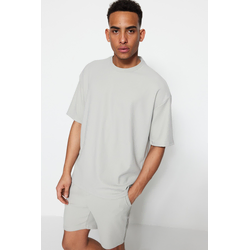 Trendyol Limited Edition Basic Gray Oversize/Wide Fit Textured Anti-Wrinkle Ottoman T-Shirt