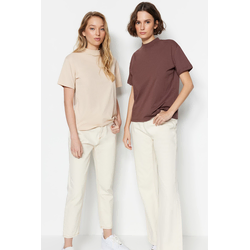 Trendyol Brown-Beige 2-Pack 100% Cotton Basic Stand Up Collar Knitted T-Shirt