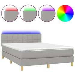 Vidaxl Box spring postelja z vzmetnico LED sv. siva 140x200 cm blago