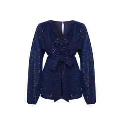 Trendyol Navy Blue Glitter Sequin Tie Detail Short Jumpsuit