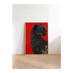 WallXpert uramljena slika 115272, crni leopard na crvenoj pozadini, 50 x 70 cm, ram u boji prirodnog drveta