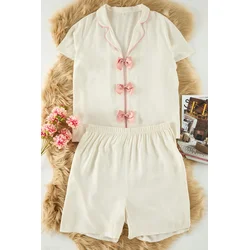 Trendyol Curve Ecru Ribbon/Bow and Piping Detailed Viscose Woven Pajama Set