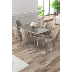 Hanah Home trpezarijski set Asel, sto i 6 stolica, antracit ploča Irony, hromirane noge, kapućino tkanina Babyface