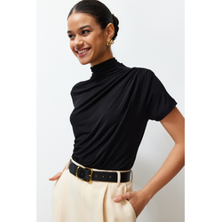 Trendyol Black Shirring/Drape Detailed Fitted/Fitted Short Sleeve Stand Collar Stretch Knitted Blouse