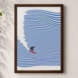 WallXpert uramljena MDF slika 3752KACT-053, surfer na plavim talasima od linija, 37 x 52 cm