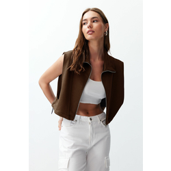 Trendyol Brown Regular Fitted Zippered Stand Collar Moon Sleeve Thick Vest