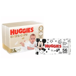 Huggies Duo Pack Pelene Extra Care Mega, Veličina 3, 5-9kg, 144 komada + Mickey Mouse Vlažne maramice, 56 komada