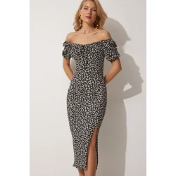 Happiness Istanbul Womens Black Carmen Collar Knitted Summer Dress