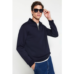 Trendyol Navy Blue Regular Cut Stand Collar Zippered Cotton Basic Sweatshirt