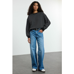 Trendyol Black 2 Thread Crew Neck Striped Regular Knitted Sweatshirt