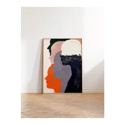 WallXpert uramljena slika 115192, apstraktne siluete ženskih profila u narandžastoj, sivoj i crnoj boji, 50 x 70 cm, ram u boji prirodnog drveta