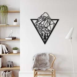 WallXpert metalni zidni ukras 5205, geometrijska planina sa jelama u trouglu, 60 x 50 cm, crni