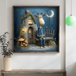 WallXpert uramljena MDF slika DOS007-50, žirafa u pidžami sa šoljom ispred kućice pod mesecom, 50 x 50 cm