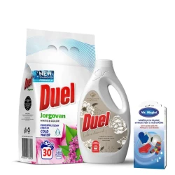 DUEL set praškasti deterdžent Jorgovan 2.7kg, DUEL omekšivač Like a diamond 2.45l i mrežica za veš