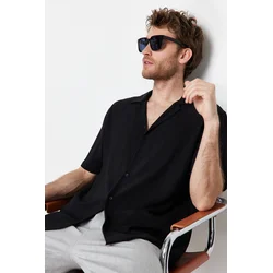 Trendyol Black Black Oversize Fit Summer Short Sleeve Linen Look Shirt Shirt
