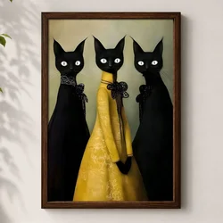 WallXpert uramljena MDF slika 3752KACT-025, tri crne mačke u haljinama, jedna u žutoj, 37 x 52 cm