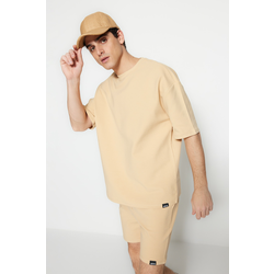 Trendyol Limited Edition Beige Oversize 100% Cotton Labeled Textured Basic Thick T-Shirt