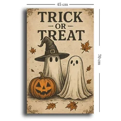 WallXpert slika na platnu 4570HALC-001, natpis Trick or Treat sa dva duha i bundevom u retro stilu, 45 x 70 cm