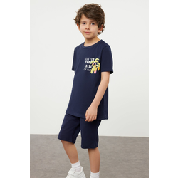 Trendyol Navy Blue Boy Printed Short Sleeve T-shirt Shorts Knitted Set Bottom-Top Set