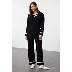 Trendyol Black Ecru Piping Knitwear Sweater Trousers Bottom-Top Set