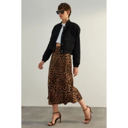 Trendyol Brown Premium High Quality Animal Print Satin Midi Skirt