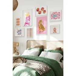 WallXpert set od 8 manjih uramljenih slika Çgs-038, roze i narandžasti motivi – tigrovi, kockice, karte i natpis Lucky You, beli ram