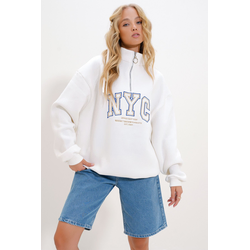 Trend Alaçati Stili Womens White Stand Collar Zipper Front Embroidered Oversize 3 Thread Ribbed Unisex Sweatshirt