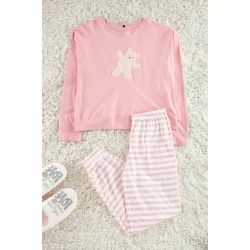 Trendyol Pink Cotton Teddy Bear Printed Striped T-shirt-Jogger Knitted Pajama Set