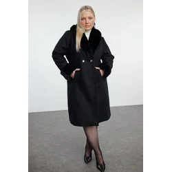 Trendyol Curve Black Regular Fit Fur Detailed Collar and Sleeve Wool Blend Cashmere Coat