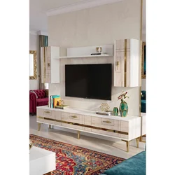 Hanah Home TV komoda Ilay, bela / travertin / zlatna