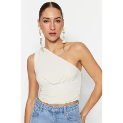 Trendyol Ecru Crop Lined Knitted Shimmer Bustier
