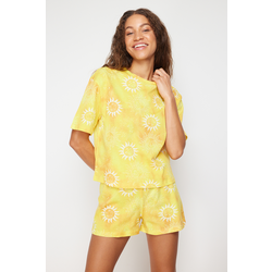 Trendyol Yellow 100% Cotton Sun Patterned Knitted Pajamas Set