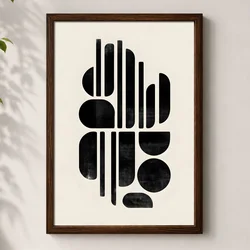 WallXpert uramljena MDF slika 3752KACT-024, apstraktne crne geometrijske forme na krem pozadini, 37 x 52 cm