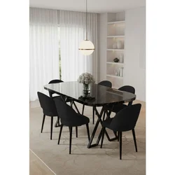 Hanah Home trpezarijski set Arvon, sto i 6 stolica, ploča u dekoru crnog mermera, crna tkanina Babyface