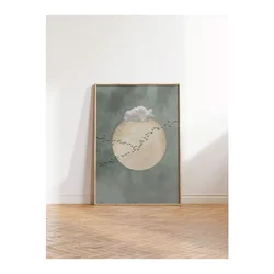 WallXpert uramljena slika 115221, beli oblak i jato ptica ispred meseca na sivozelenoj pozadini, 50 x 70 cm, ram u boji prirodnog drveta