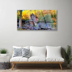 tulup.si Slika na steklu Mlin jesenski gozd 125x50 cm 4 obešalnika