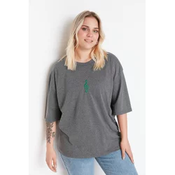 Trendyol Curve Anthracite Wide Fit Knitted T-Shirt with Embroidery
